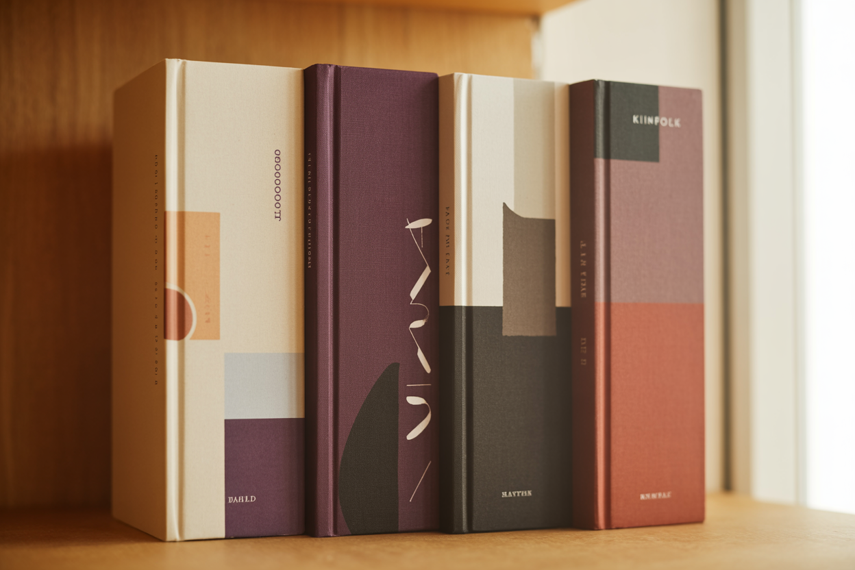 An editorial still-life of hardcover non-fiction books on a warm wooden shelf