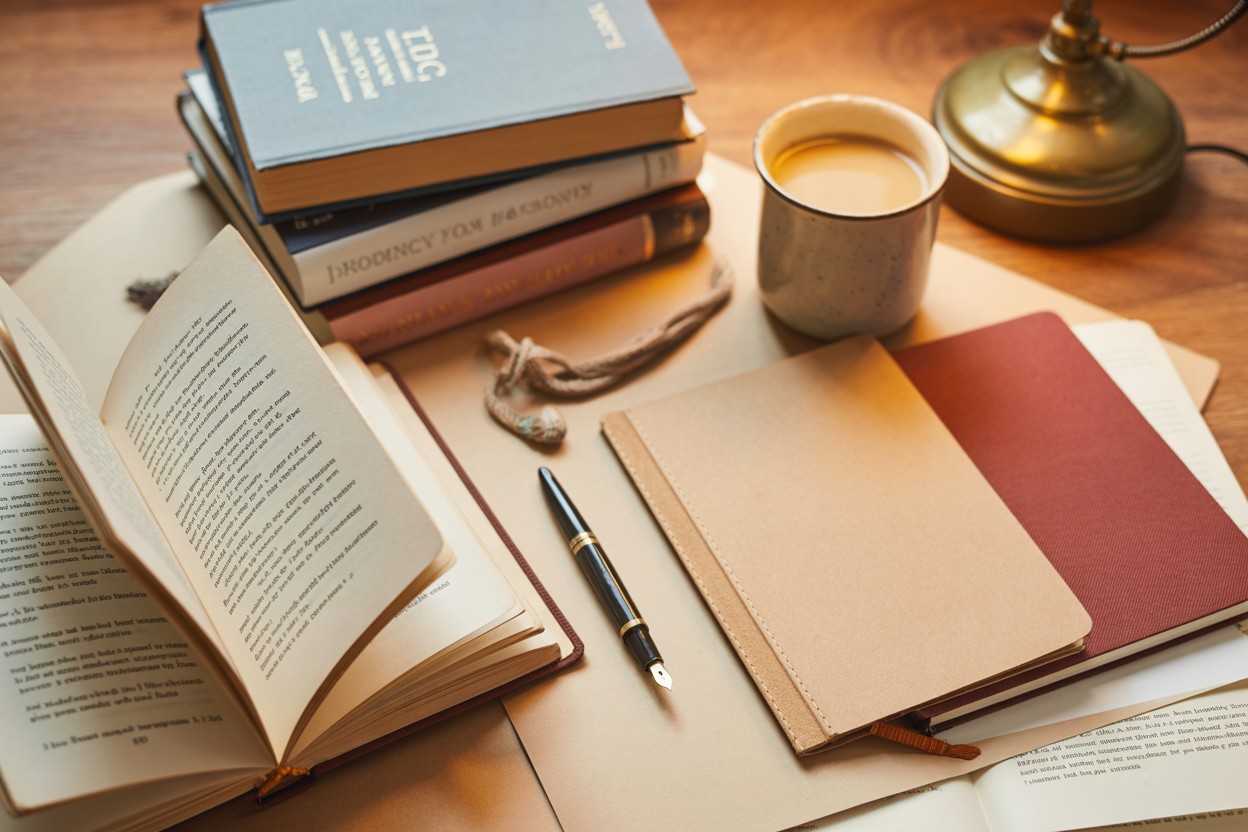 A warm editorial photograph of a writer’s workspace — books, a fountain pen, a notebook, and a brass lamp